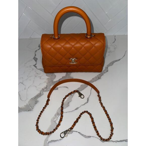 Chanel 21A Caramel Brown Caviar Mini Small Coco Handle CC Quilted Chain Flap Bag - Picture 5 of 16